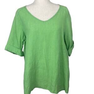 FLAX Women Green Striped 100% Linen V-Neck Cuffed Short Sleeve Blouse Top Small